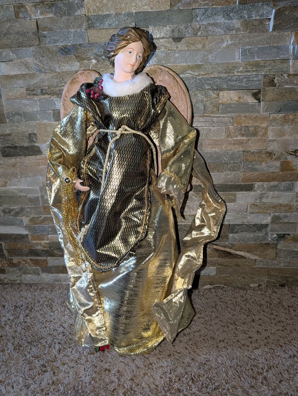 Vintage Large Elegant Gold Angel Christmas Tree Topper Embellished Berries 25"